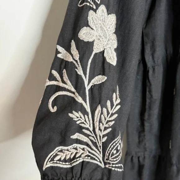 Johnny Was Black Linen Embroidered Frankie Tiered Field Dress Bird Boho Large - Picture 11 of 15